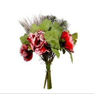 Festive Frosted Red Rose Decorative Christmas Faux Floral Bouquet NWT